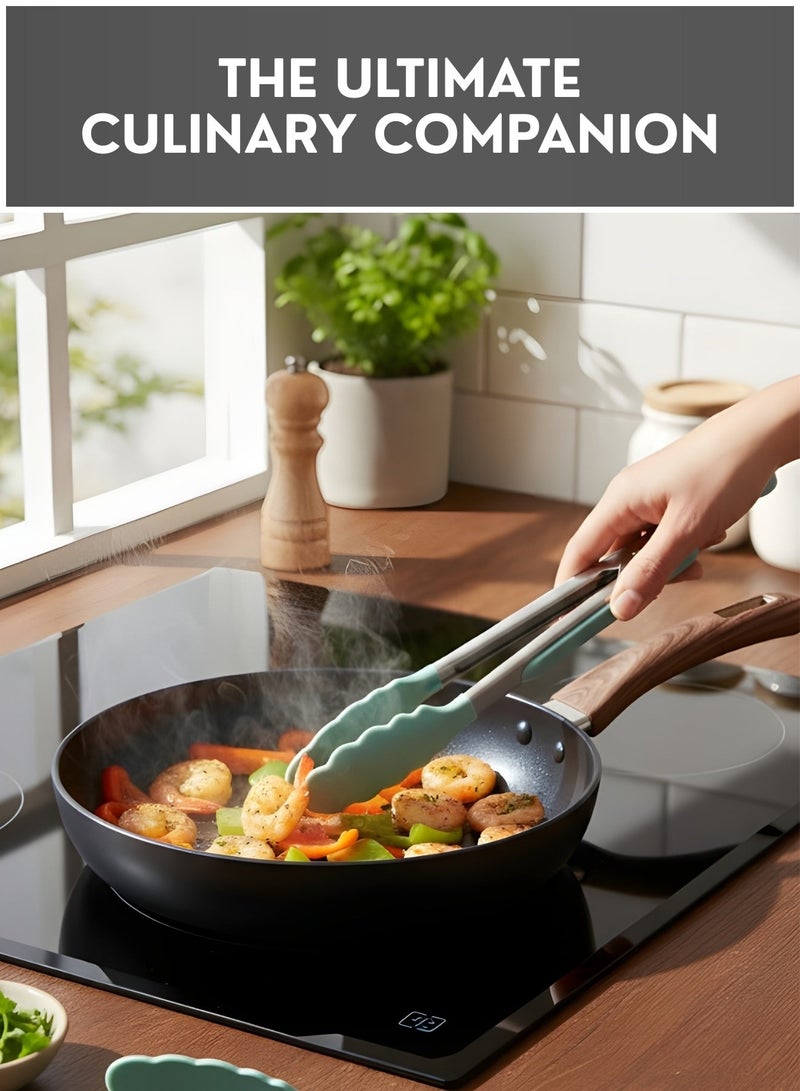 JUNI 30 cm Nonstick Frying Pan with Wooden Handle & include Free 3 Silicone Kitchen Utensils – Scratch-Resistant Skillet Pan, Induction & Gas Stove Compatible, Healthy Low-Oil Cooking - Image 2